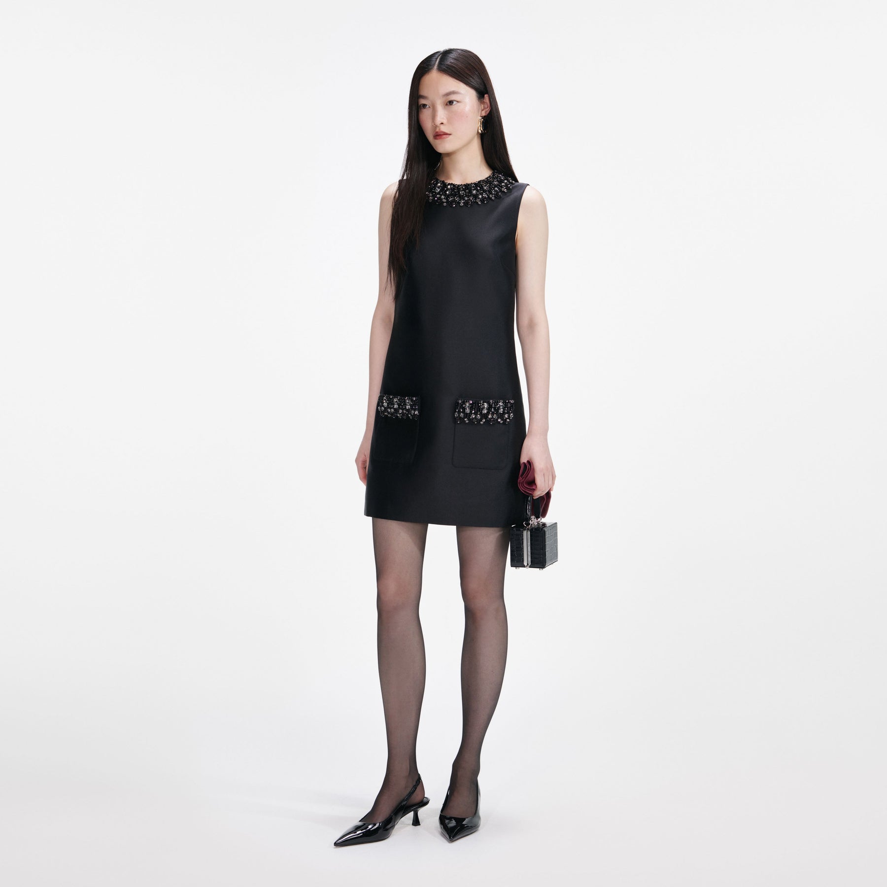 Taffeta Embellished Trim Mini Dress - Black