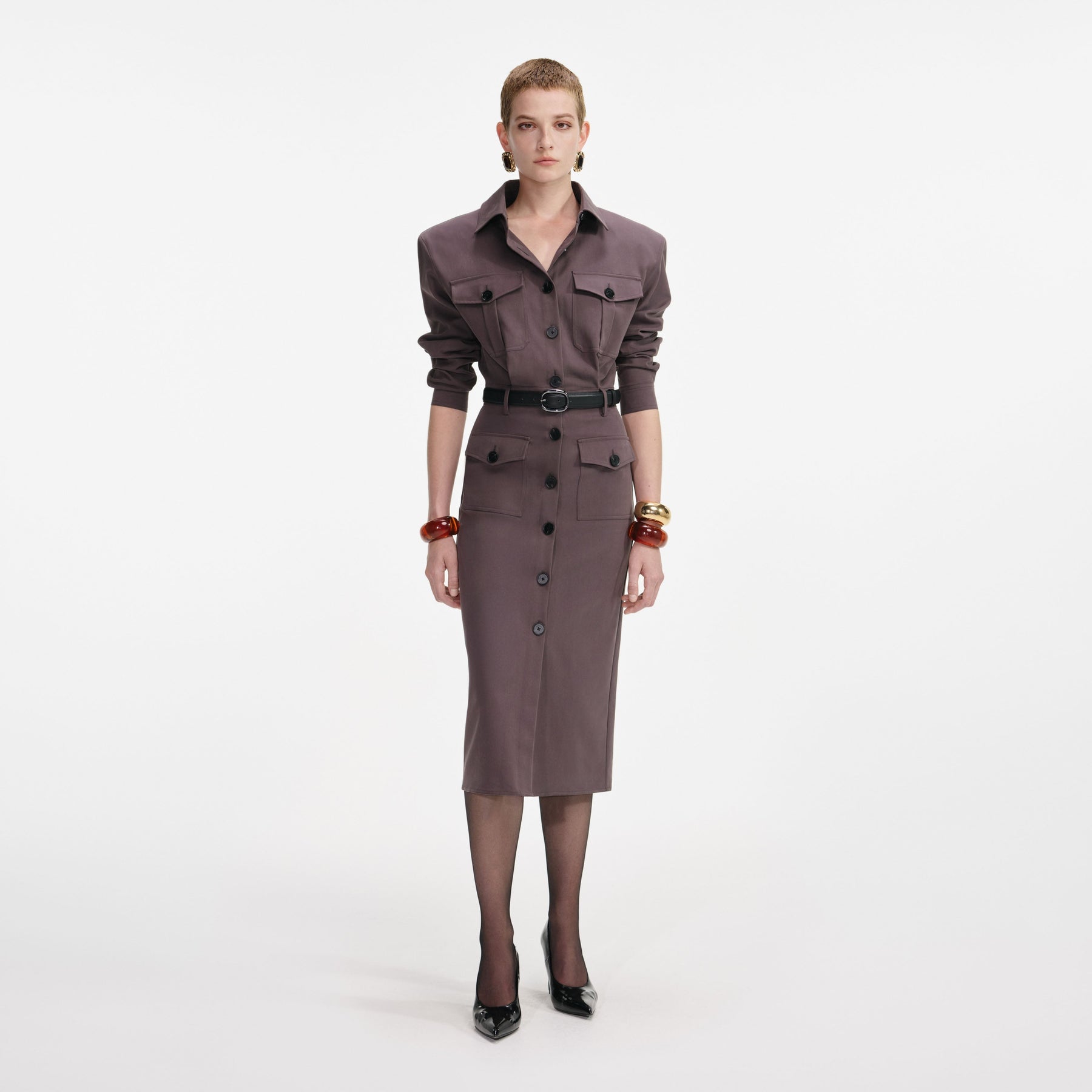 Cotton Belted Midi Dress - Brown
