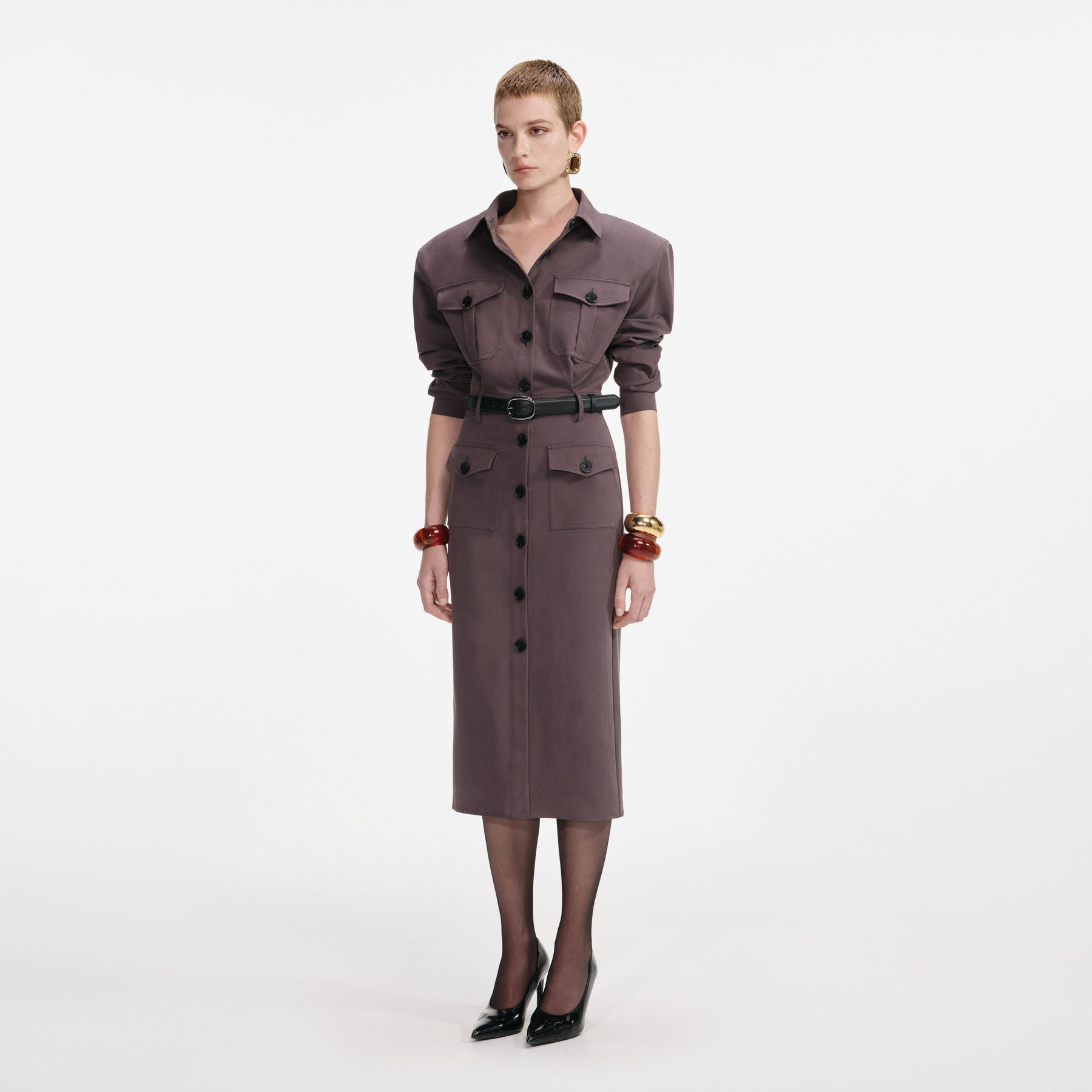 Cotton Belted Midi Dress - Brown