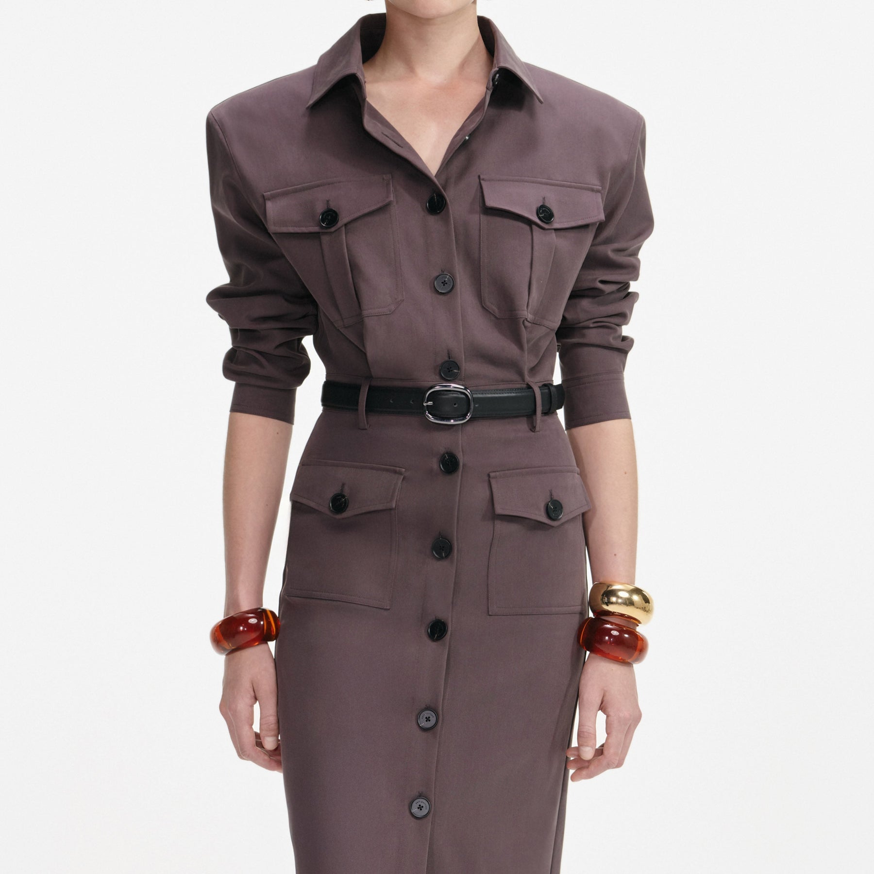 Cotton Belted Midi Dress - Brown
