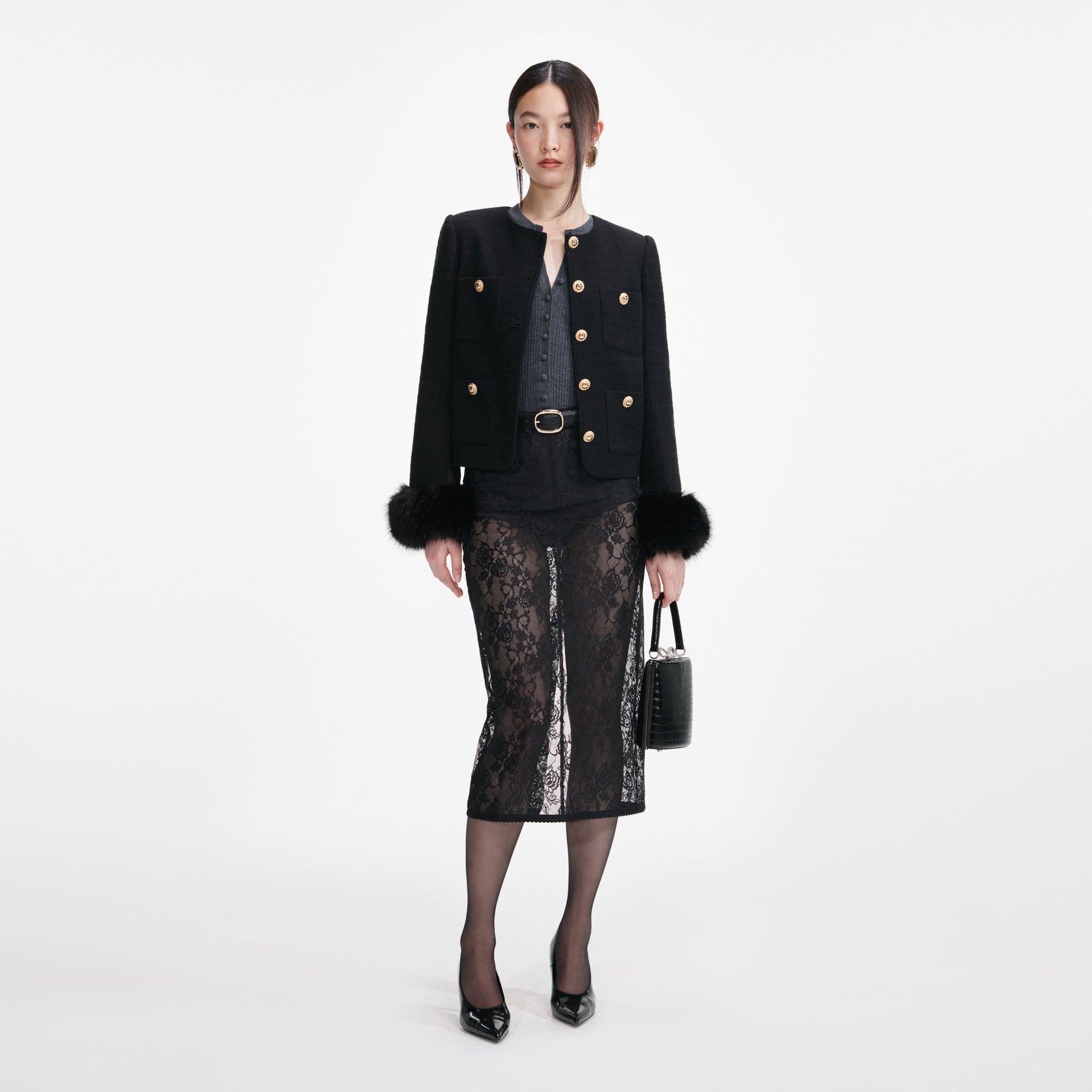 Boucle Fur Cuff Jacket - Svart