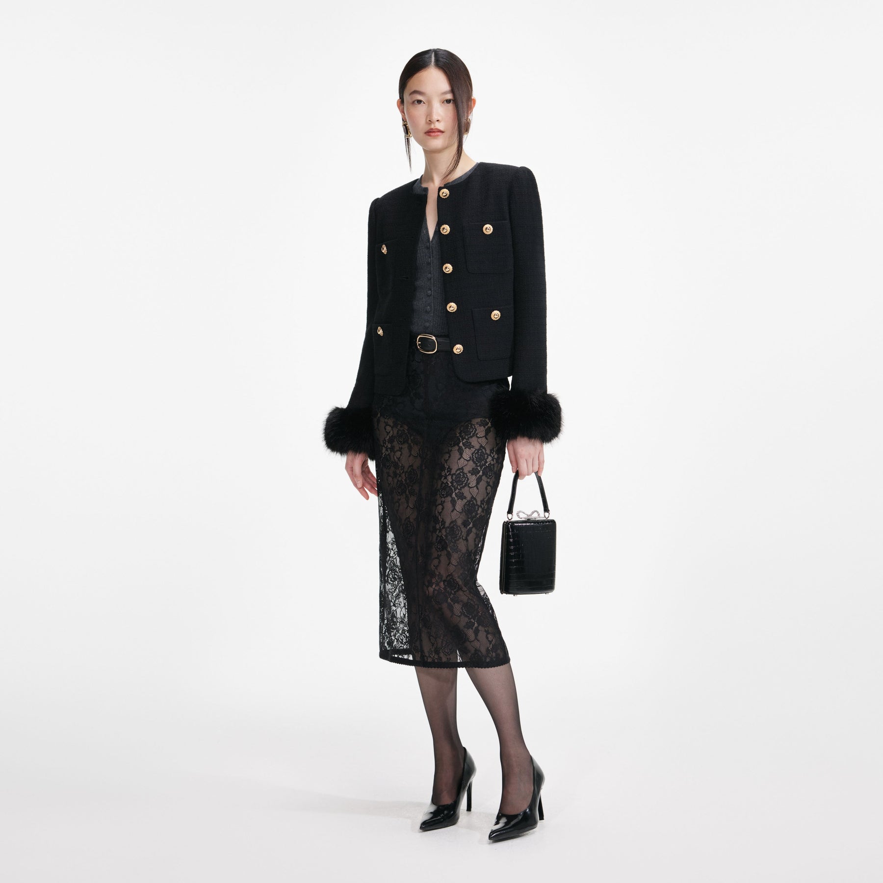 Boucle Fur Cuff Jacket - Svart