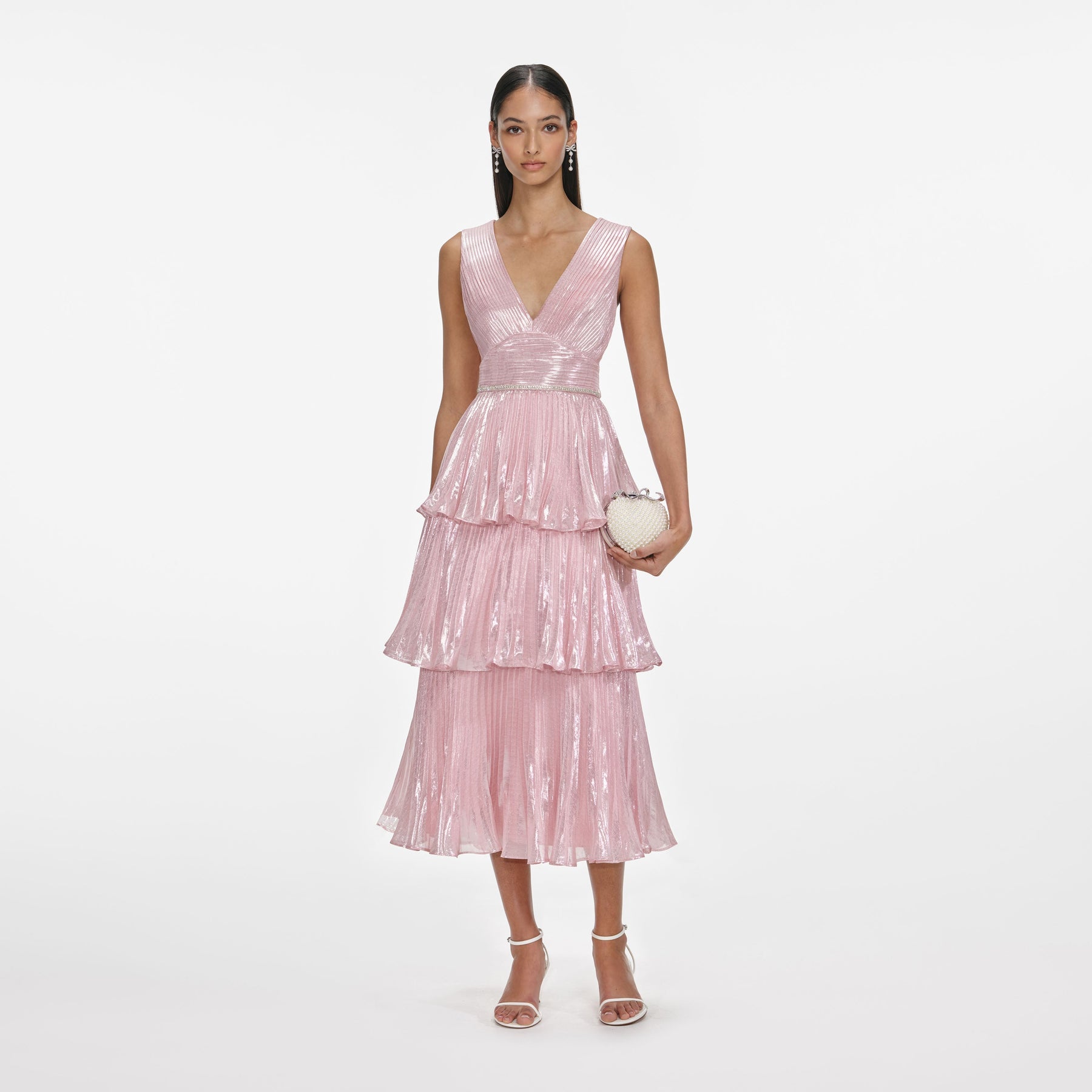 Metallic Tiered Midi Dress - Pink