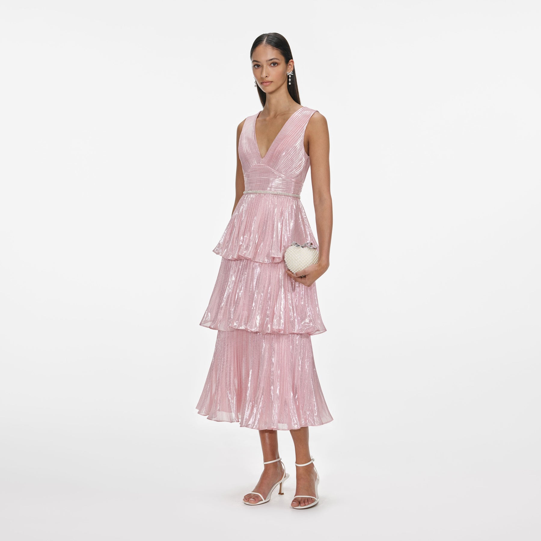 Metallic Tiered Midi Dress - Pink
