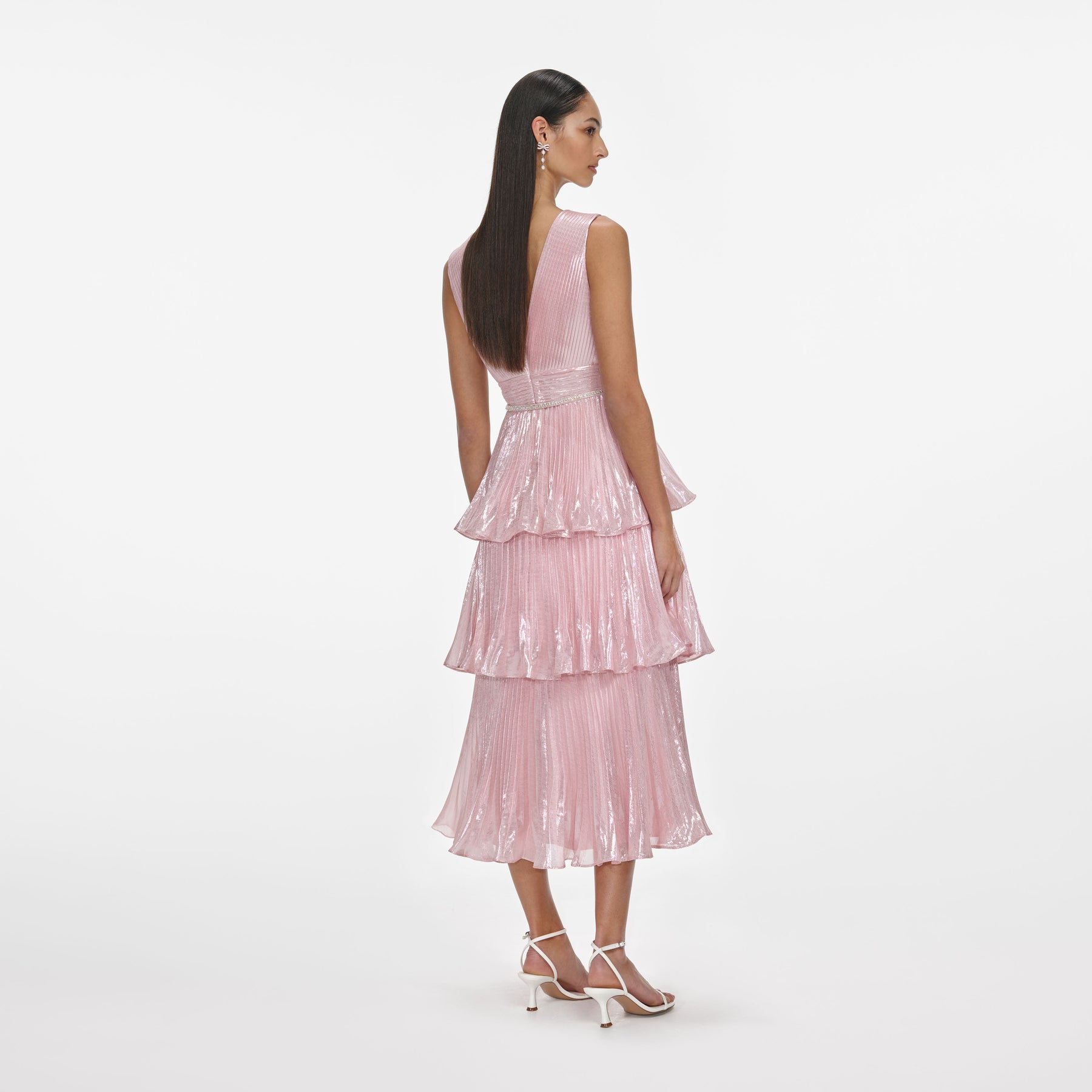 Metallic Tiered Midi Dress - Pink