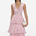 Metallic Tiered Midi Dress - Pink