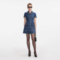Denim Crystal Trim Collared Mini Dress - Blue