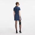 Denim Crystal Trim Collared Mini Dress - Blue