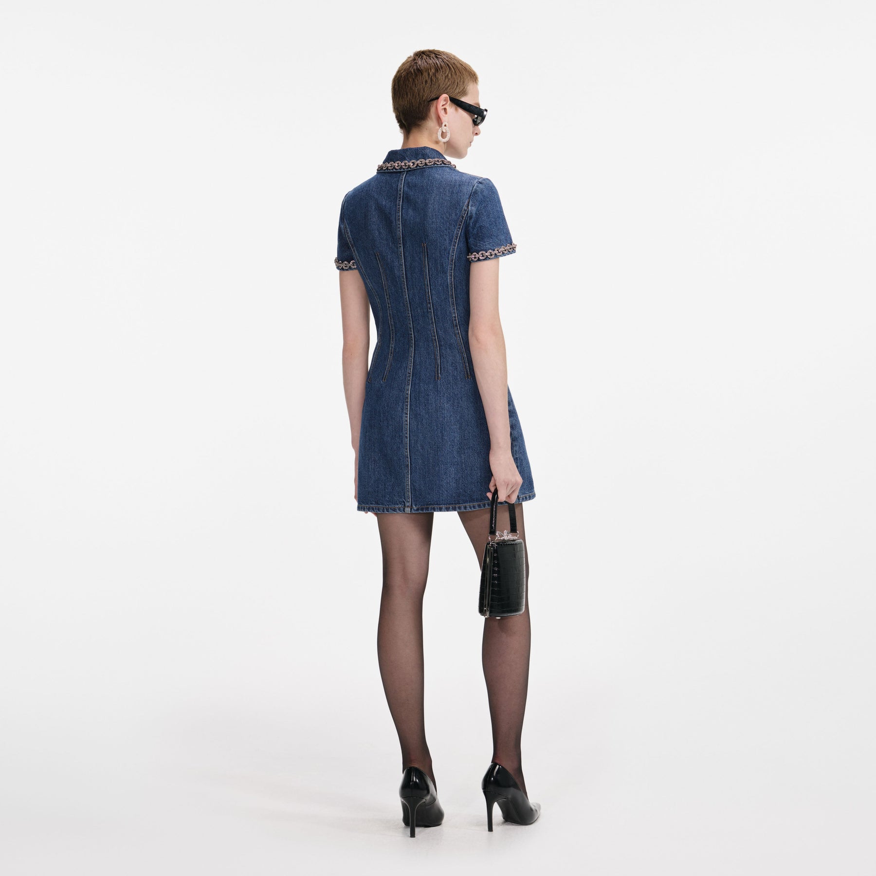 Denim Crystal Trim Collared Mini Dress - Blue