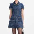 Denim Crystal Trim Collared Mini Dress - Blue