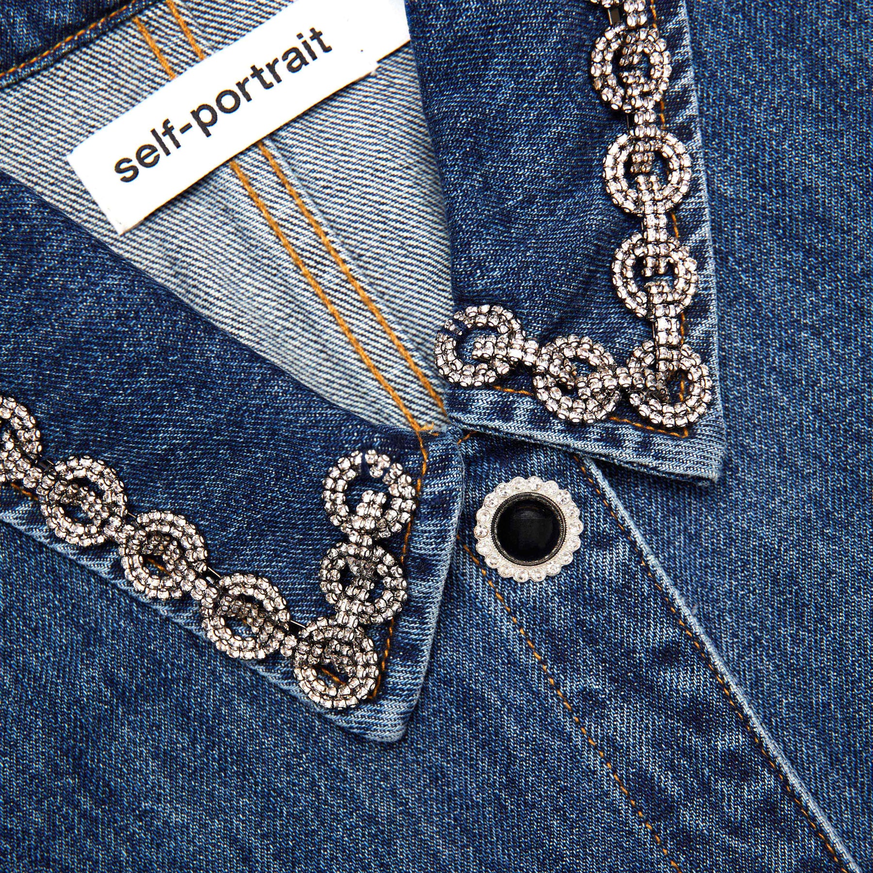 Denim Crystal Trim Collared Mini Dress - Blue
