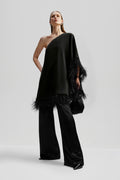 Andrea One-Shoulder Feather Mini Dress - Black