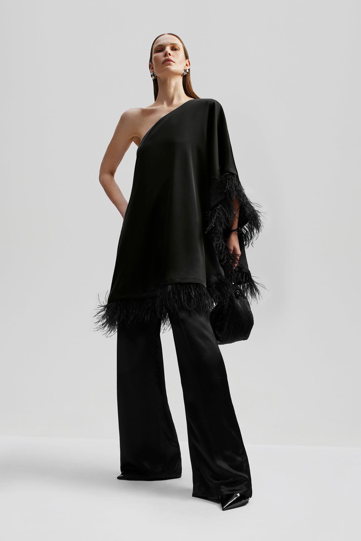 Andrea One-Shoulder Feather Mini Dress - Black