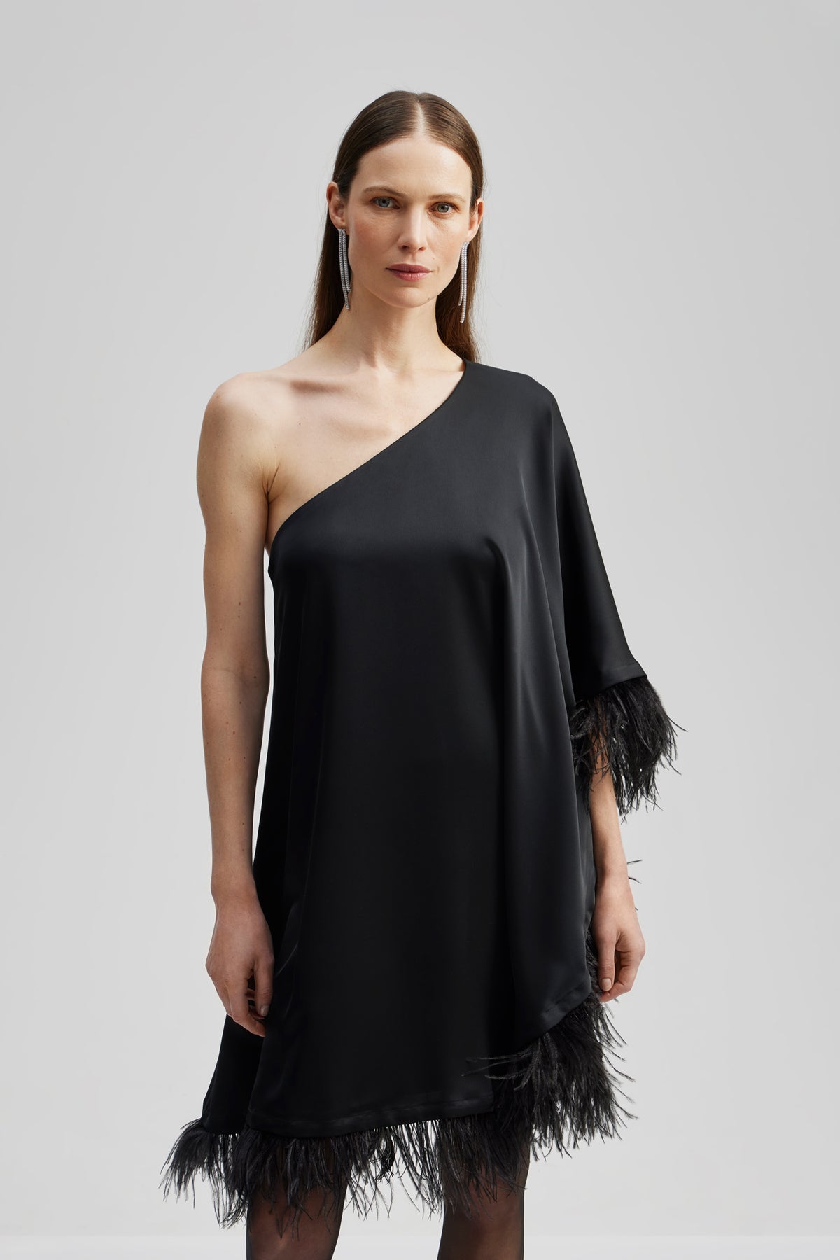 Andrea One-Shoulder Feather Mini Dress - Black
