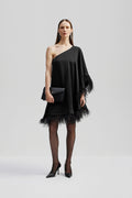 Andrea One-Shoulder Feather Mini Dress - Black
