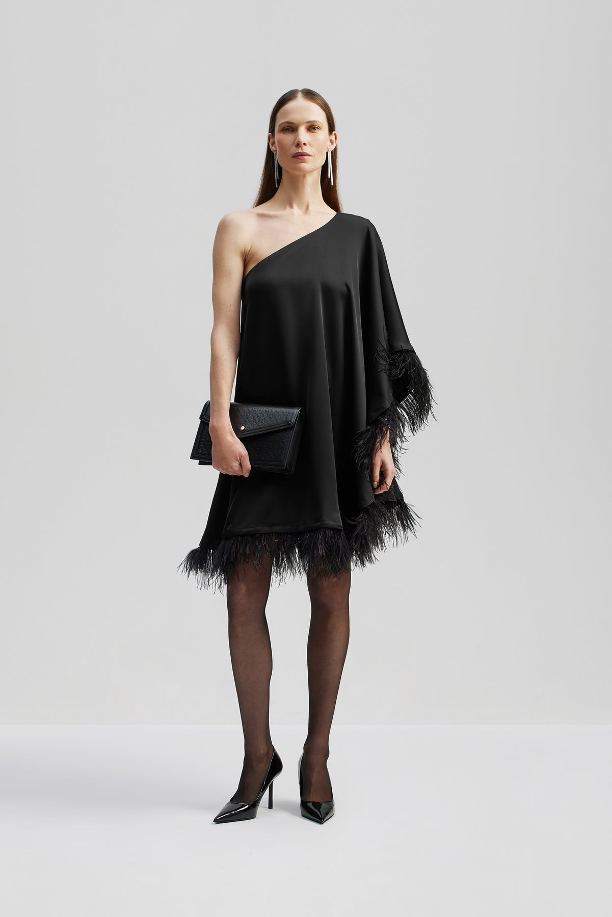Andrea One-Shoulder Feather Mini Dress - Black