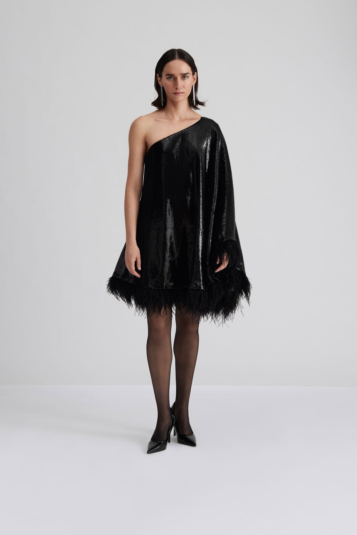 Andrea One-Shoulder Feather Sequin Mini Dress - Black