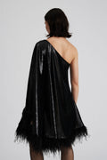 Andrea One-Shoulder Feather Sequin Mini Dress - Black