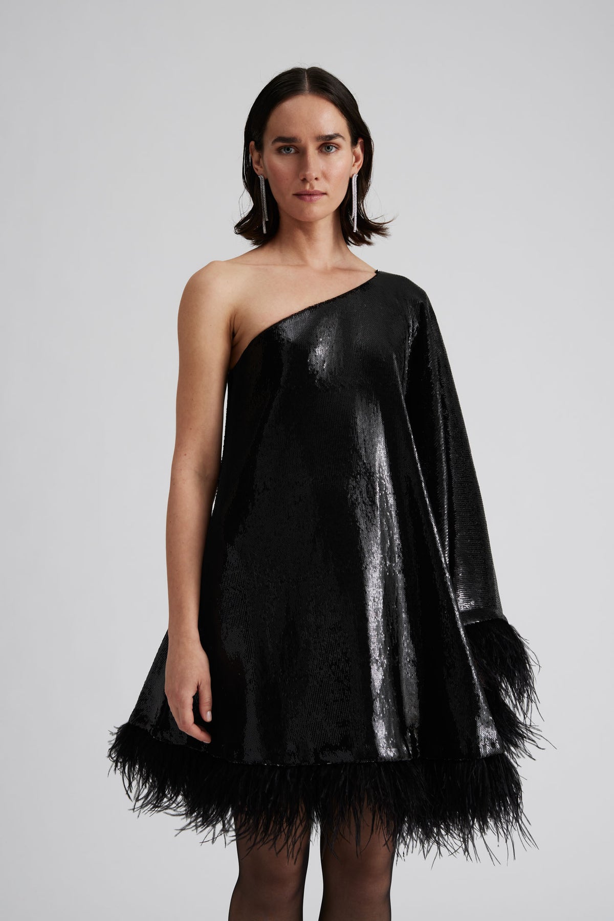 Andrea One-Shoulder Feather Sequin Mini Dress - Black