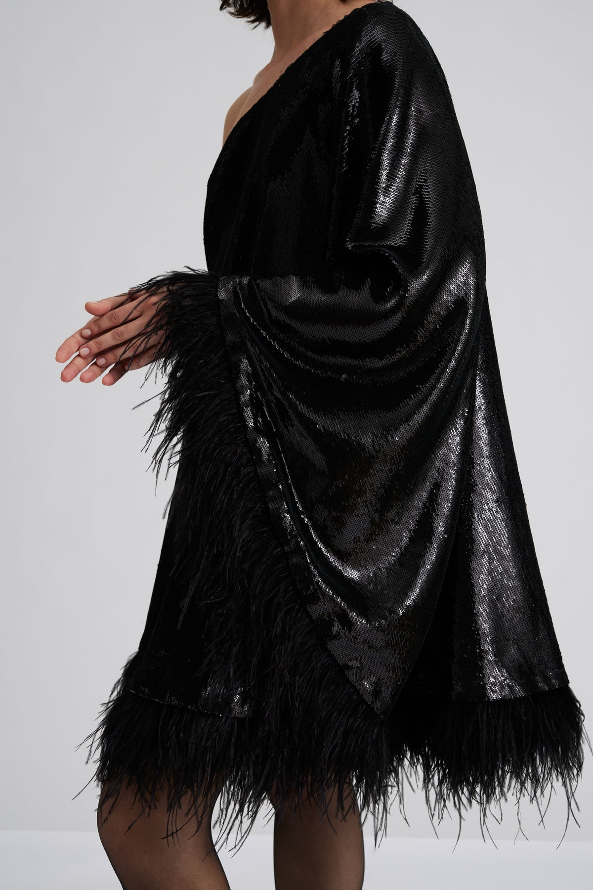 Andrea One-Shoulder Feather Sequin Mini Dress - Black