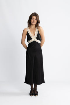 Lilou Satin Midi Dress - Black