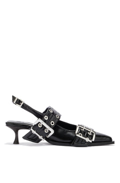 Feminine Buckle Kitten Heel Box Oleatex - Black