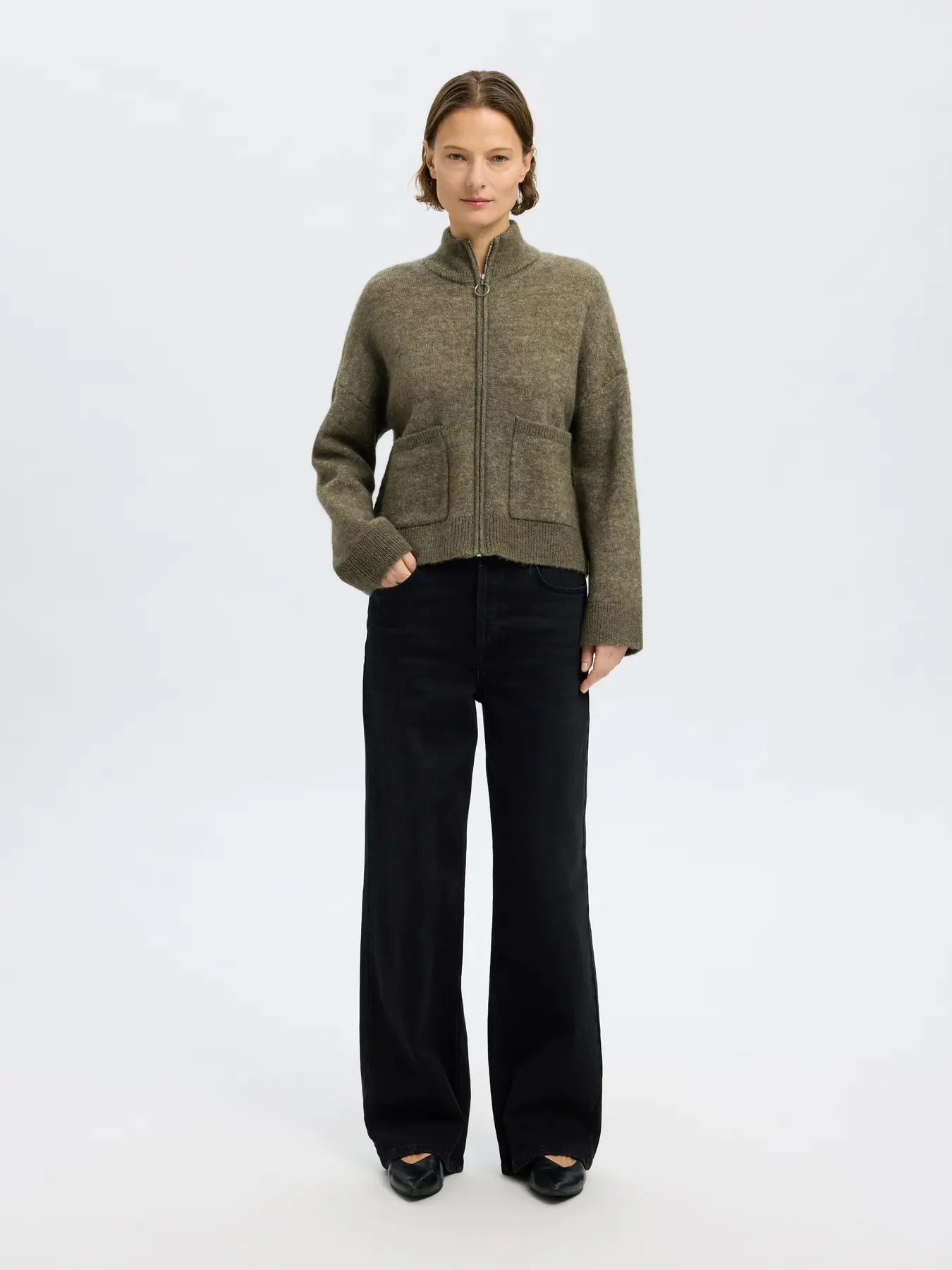 Sia Ras Ls Knit Zipper Cardigan - Vetiver Melange