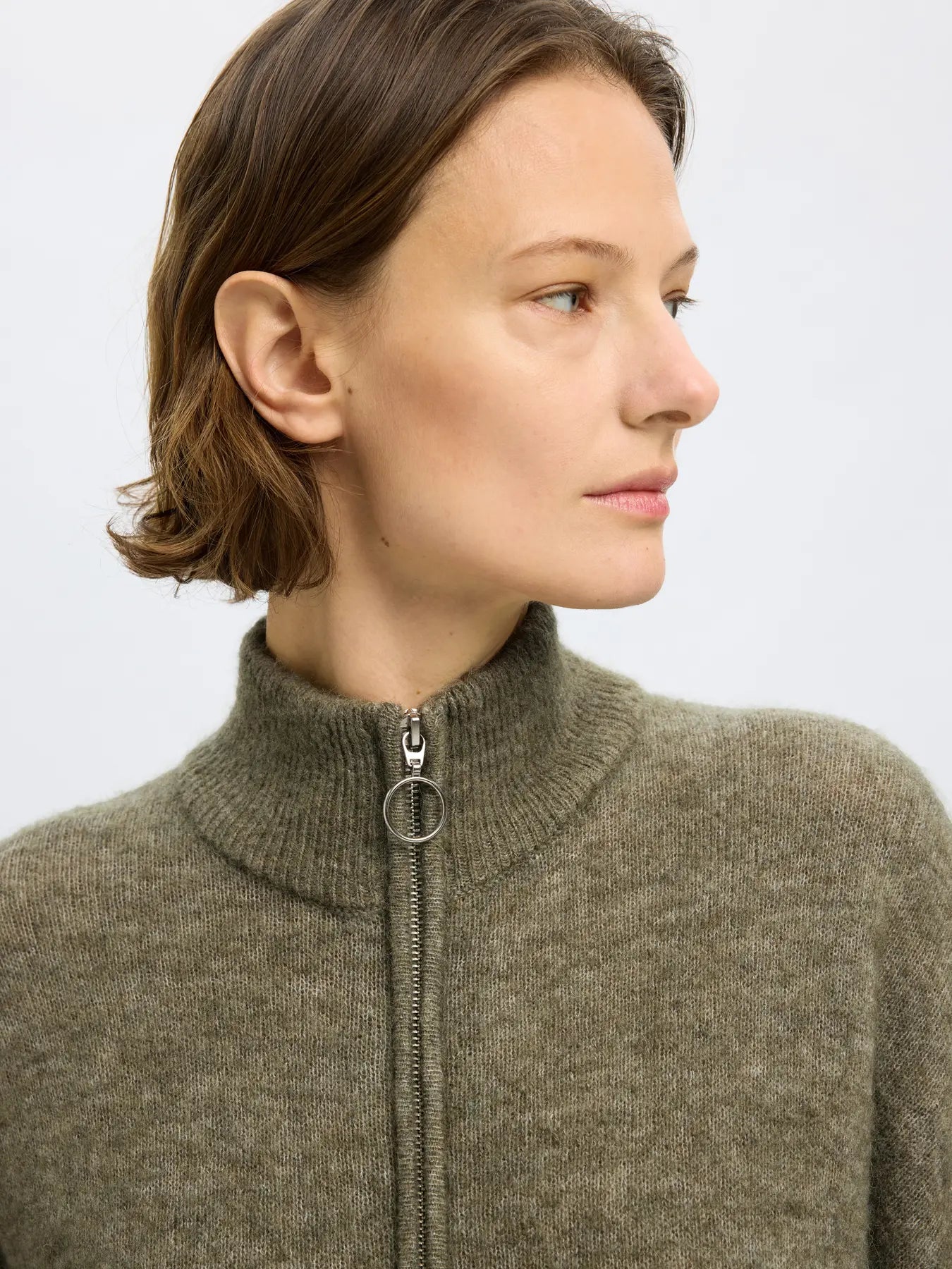 Sia Ras Ls Knit Zipper Cardigan - Vetiver Melange