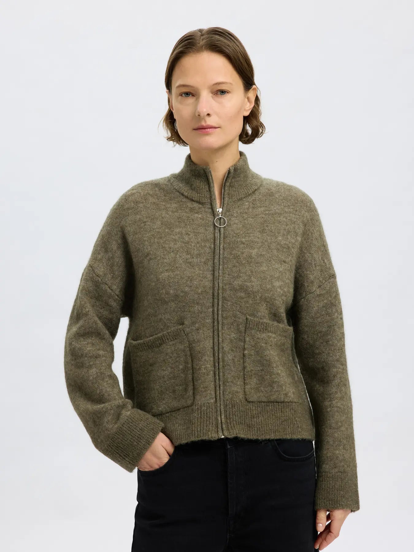 Sia Ras Ls Knit Zipper Cardigan - Vetiver Melange