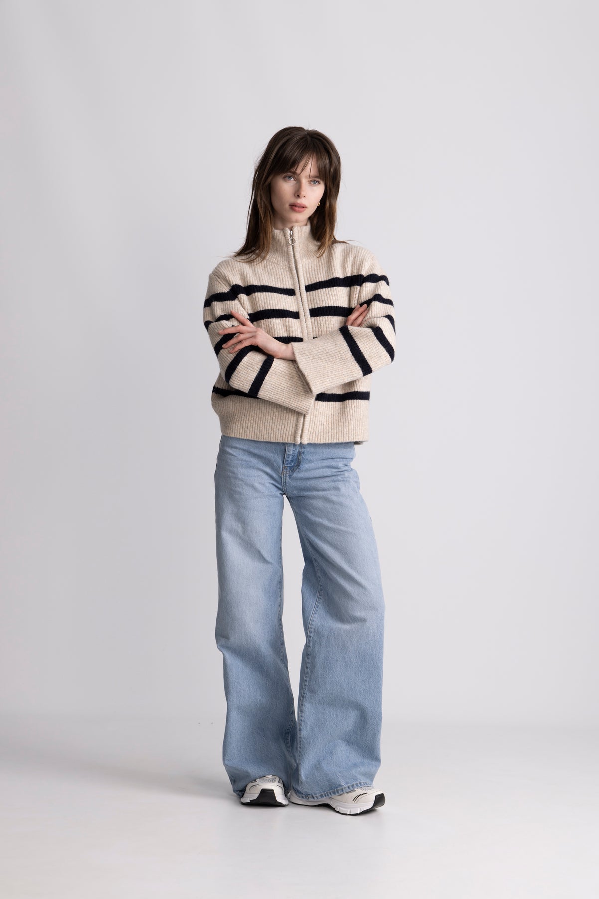 Thea Stripe Zip Cardigan - Sand / Navy