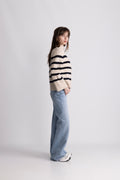 Thea Stripe Zip Cardigan - Sand / Navy
