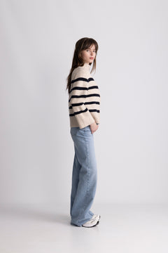 Thea Stripe Zip Cardigan - Sand / Navy