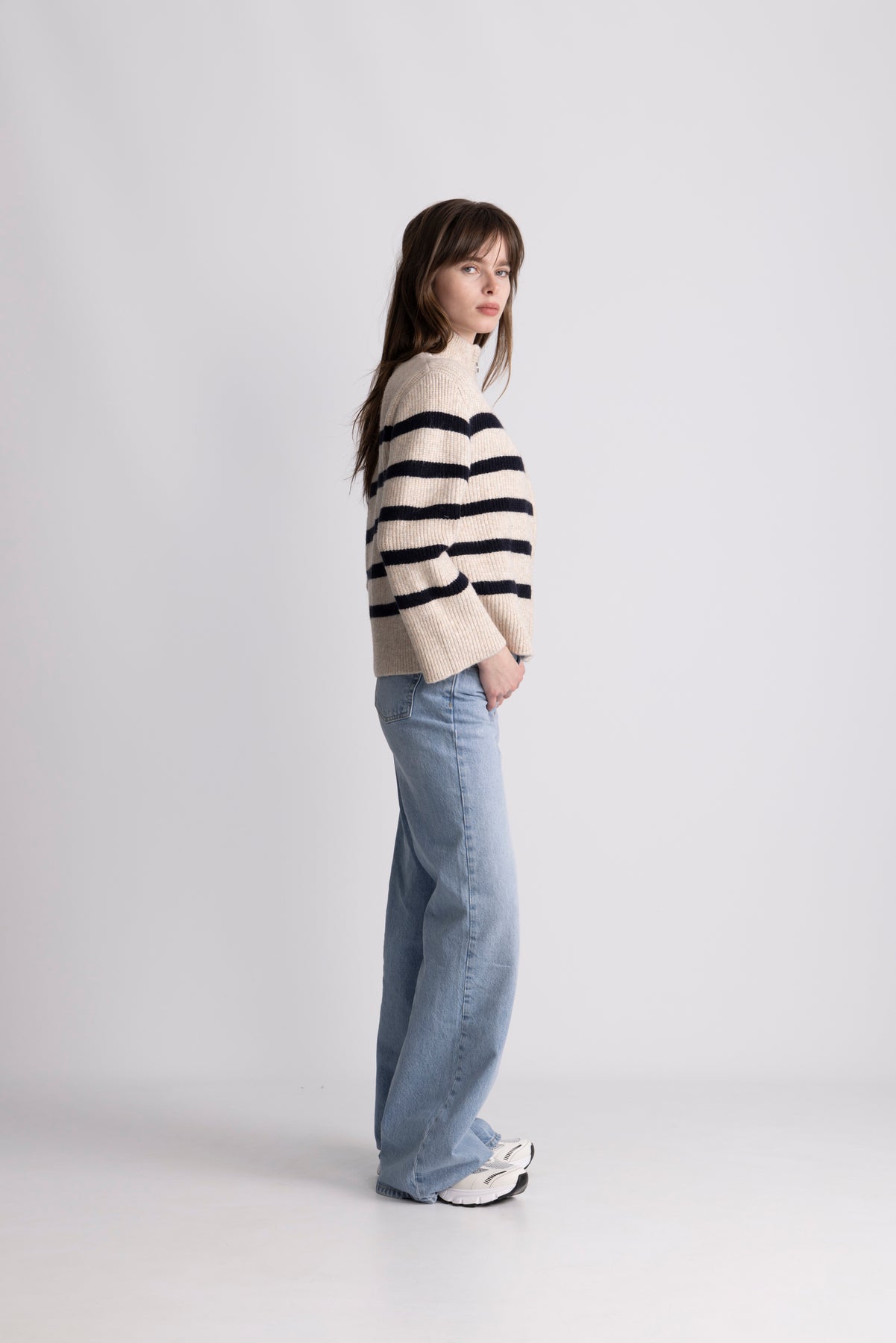 Thea Stripe Zip Cardigan - Sand / Navy