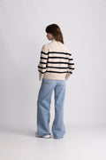 Thea Stripe Zip Cardigan - Sand / Navy