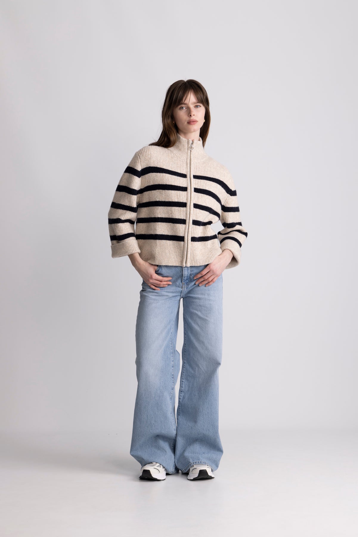 Thea Stripe Zip Cardigan - Sand / Navy