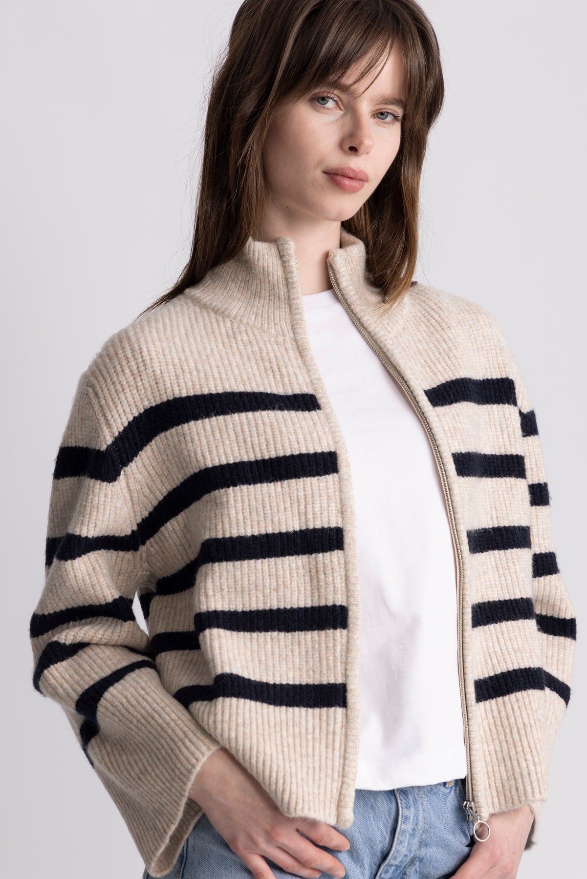 Thea Stripe Zip Cardigan - Sand / Navy