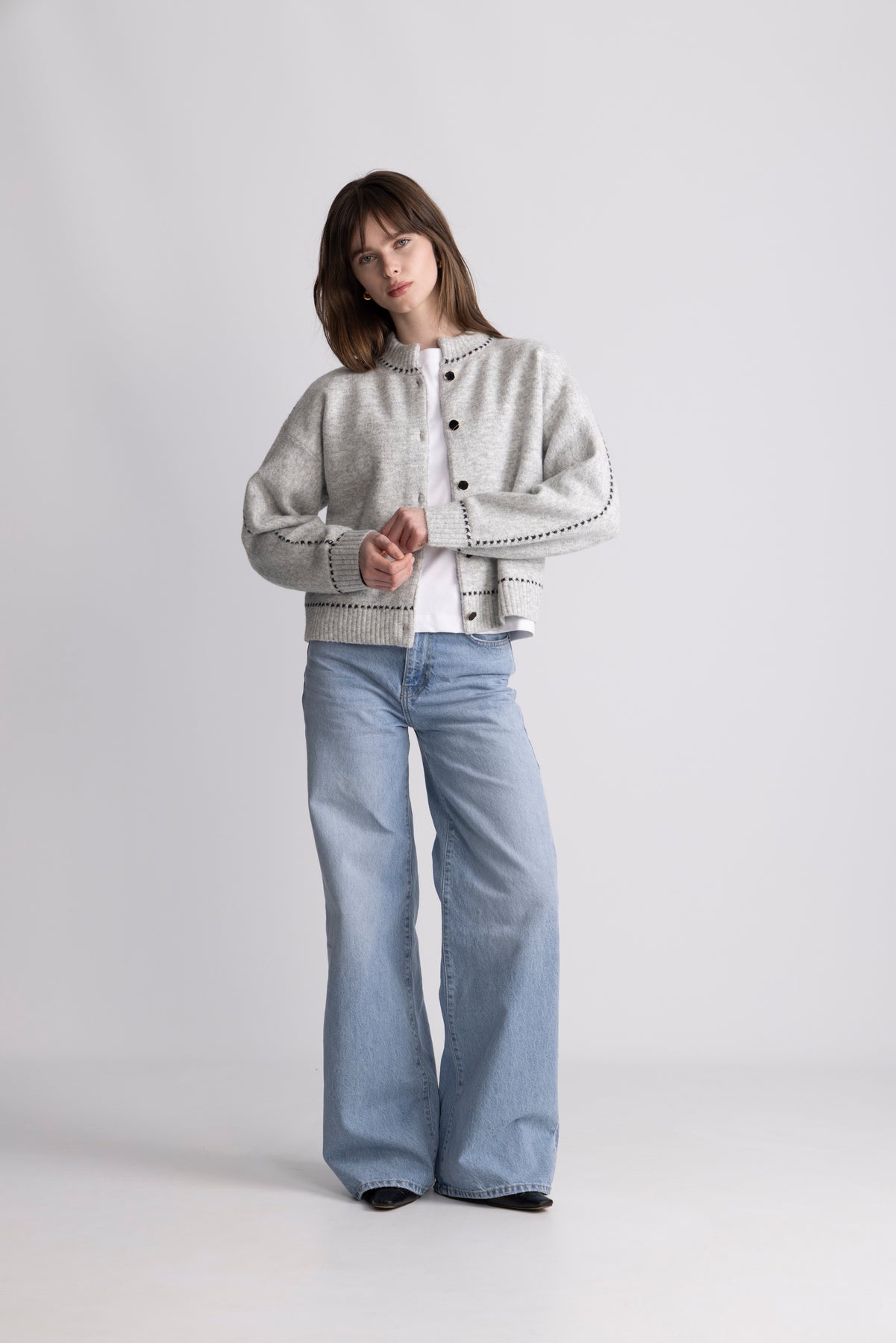 Amalie Stitch Cardigan - Light Grey Melange