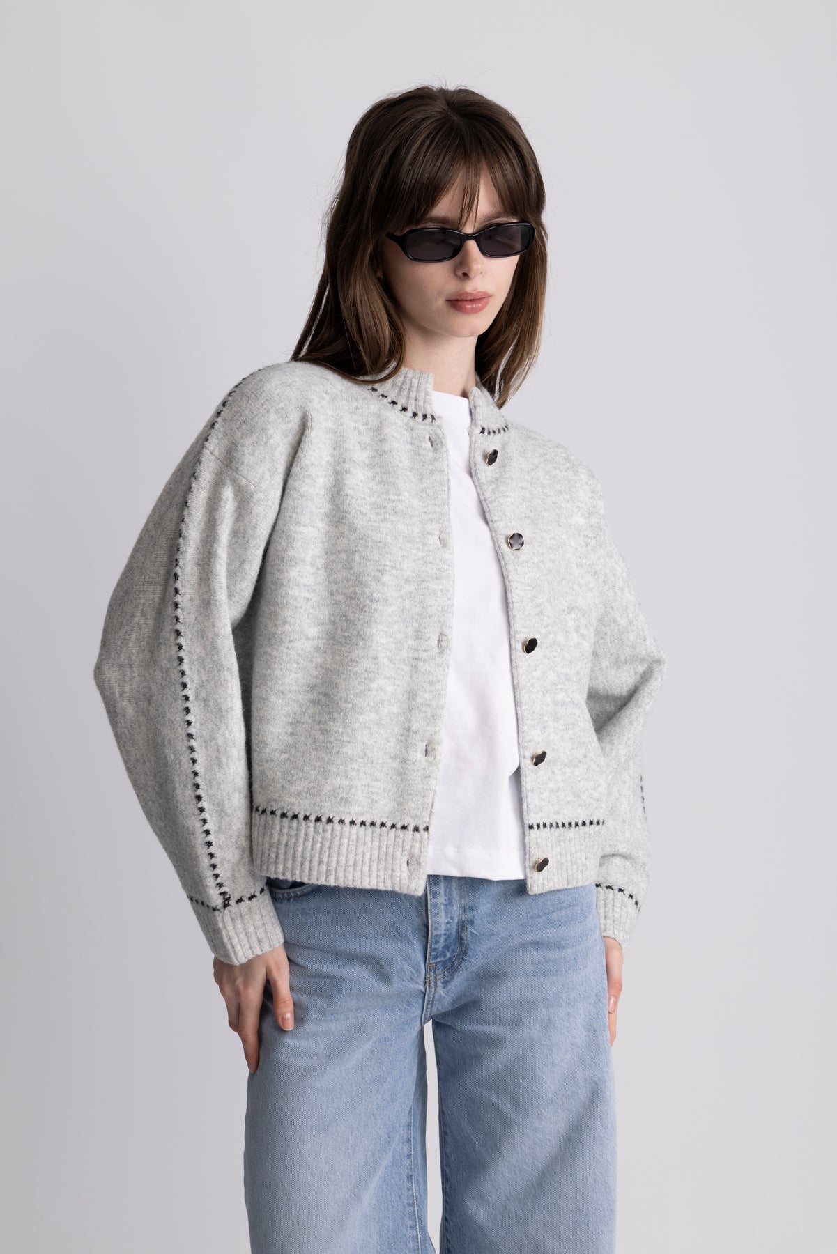 Amalie Stitch Cardigan - Light Grey Melange