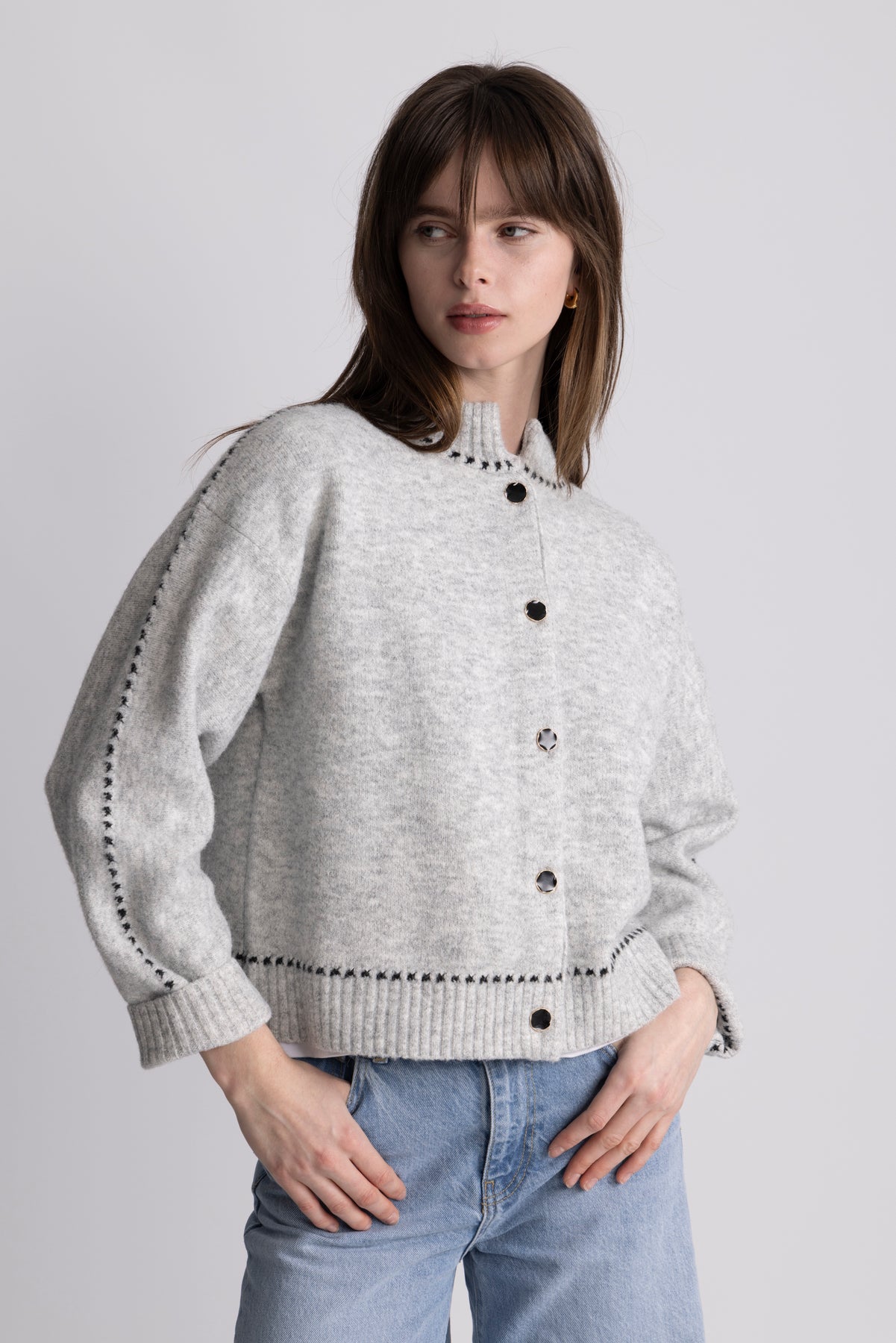Amalie Stitch Cardigan - Light Grey Melange