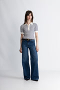 Marte Ss Rib Polo Knit - Marinblå randig