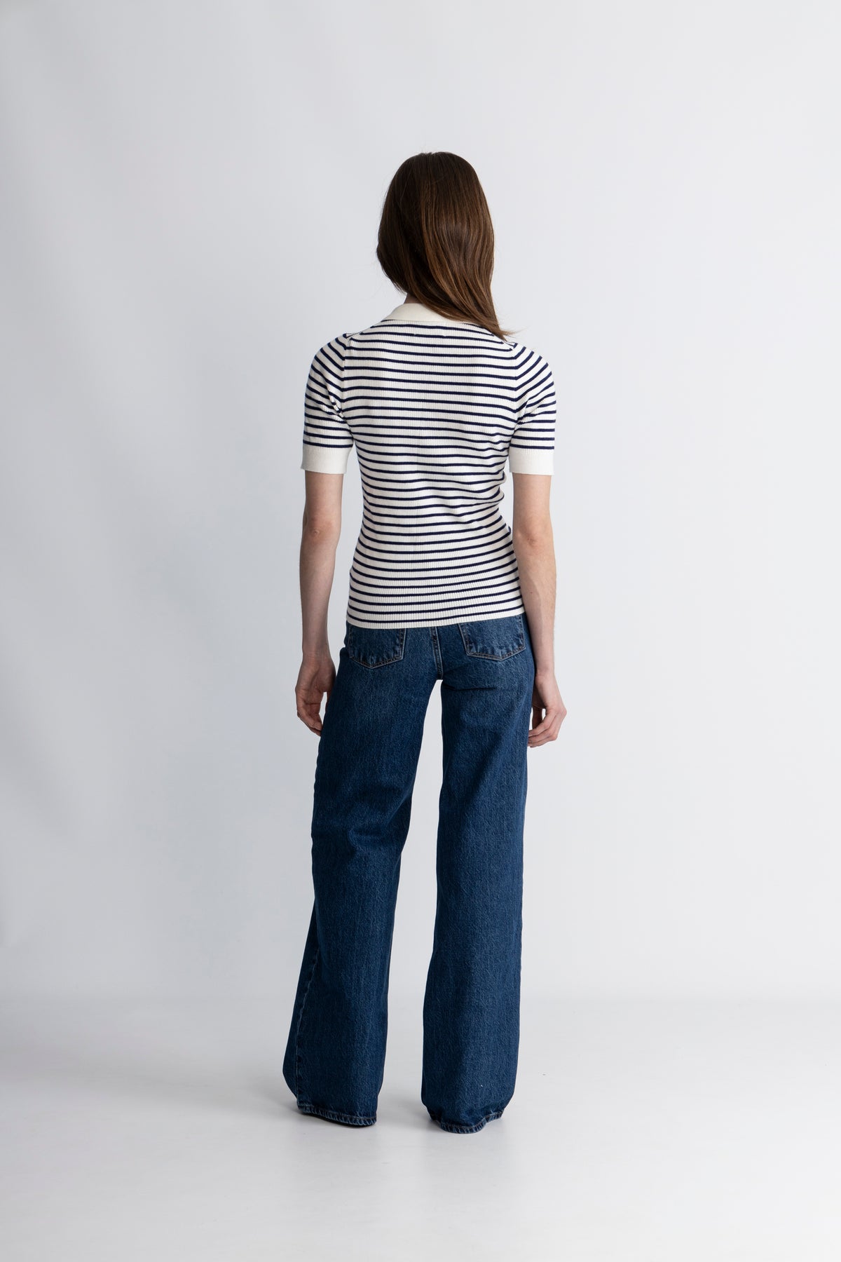 Marte Ss Rib Polo Knit - Marinblå randig