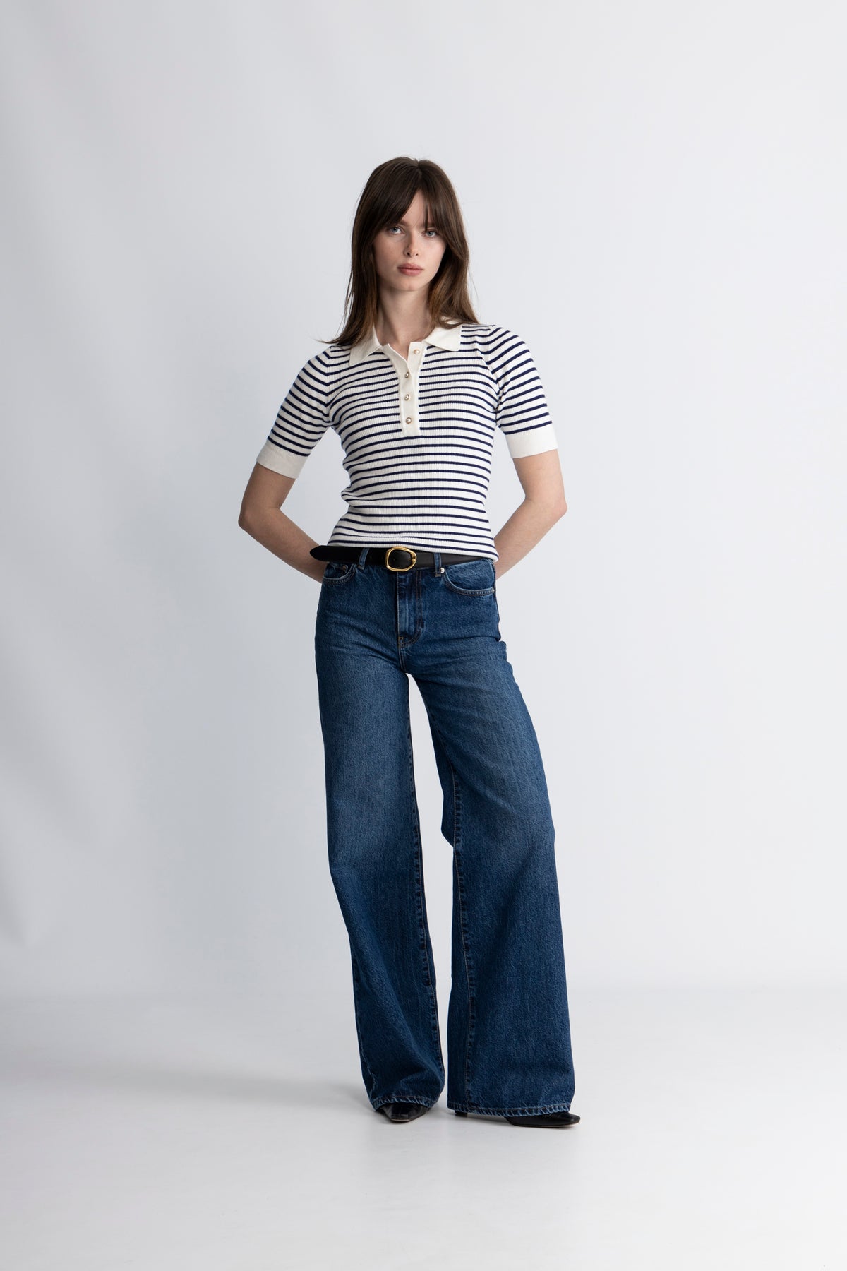 Marte Ss Rib Polo Knit - Marinblå randig