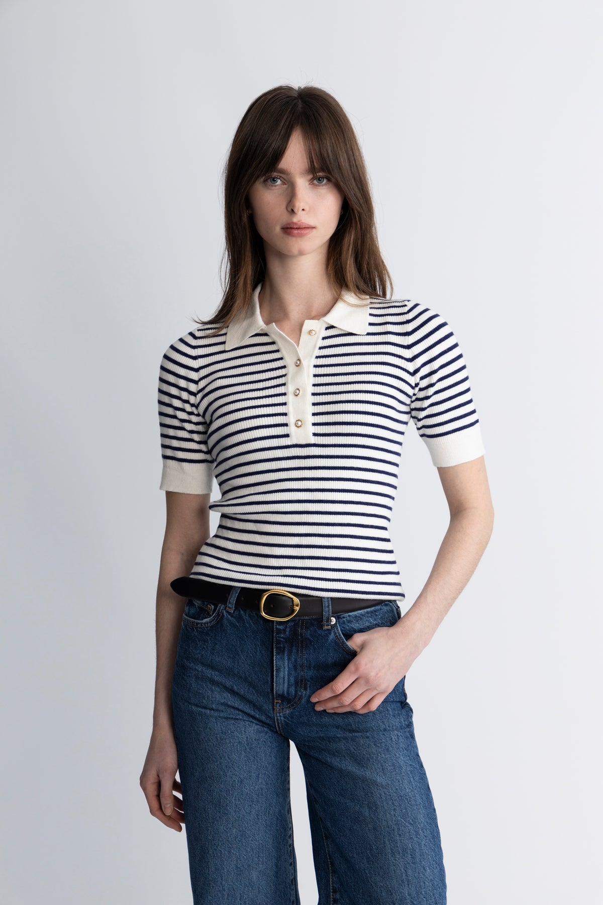 Marte Ss Rib Polo Knit - Marinblå randig