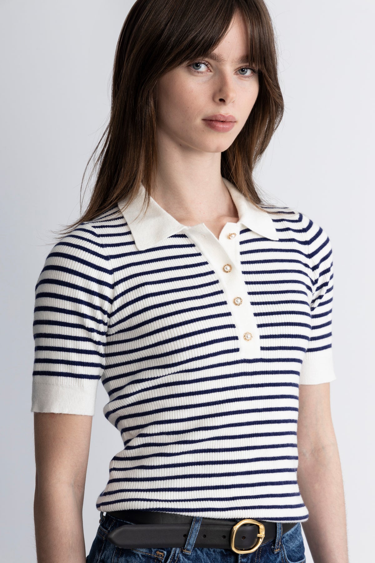 Marte Ss Rib Polo Knit - Marinblå randig