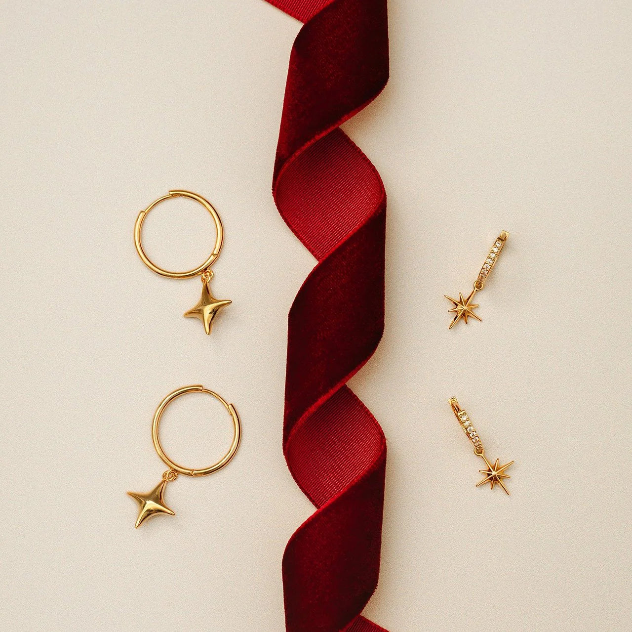 Pave Hoop & Starburst Drop Earring  - Pale Gold