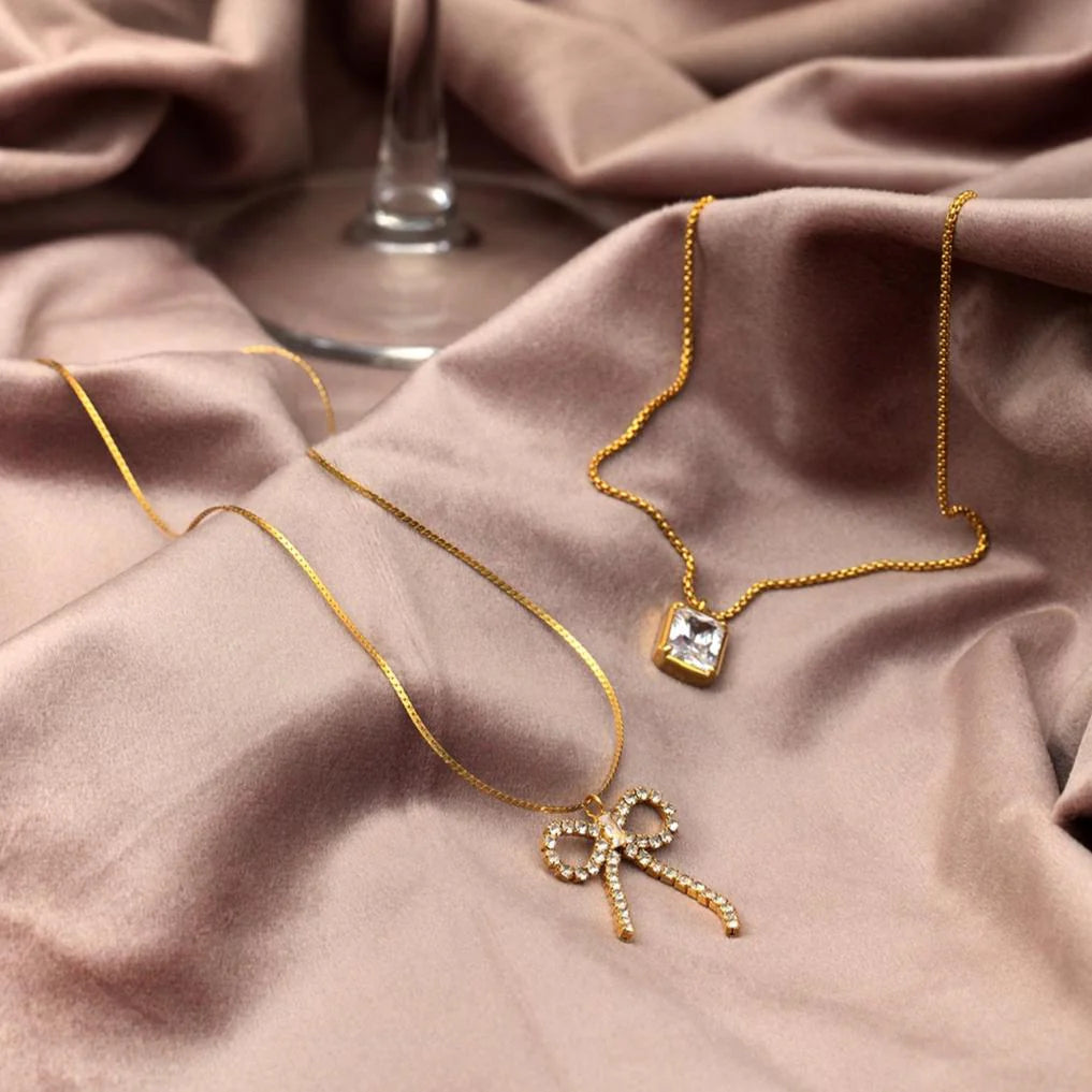 Crystal Bow Drop Necklace - Pale Gold