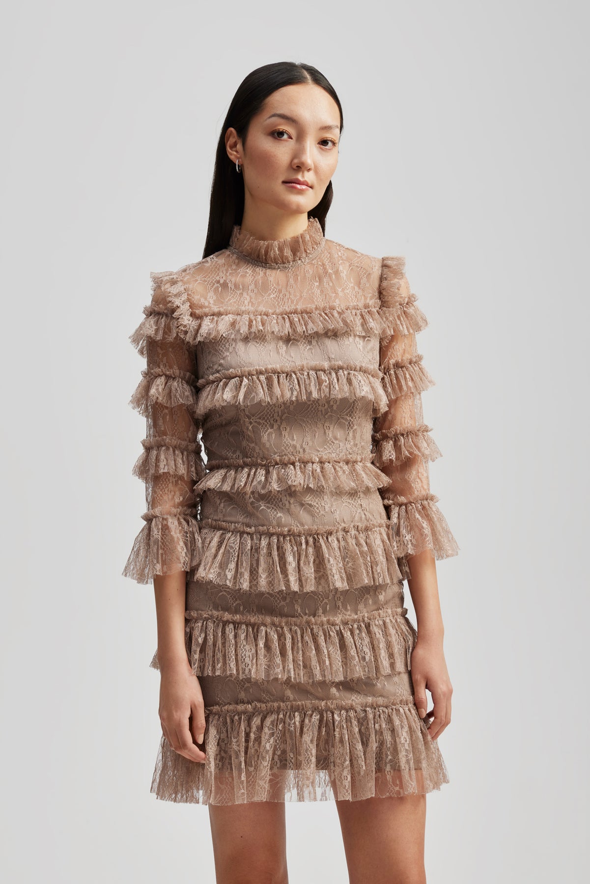 Carmine Frill Mini Lace Dress - Greige