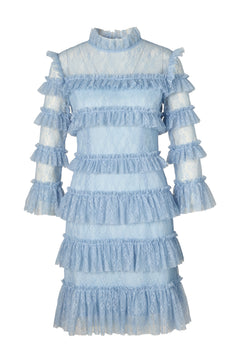 Carmine Frill Lace Mini Dress - Dusty Blue