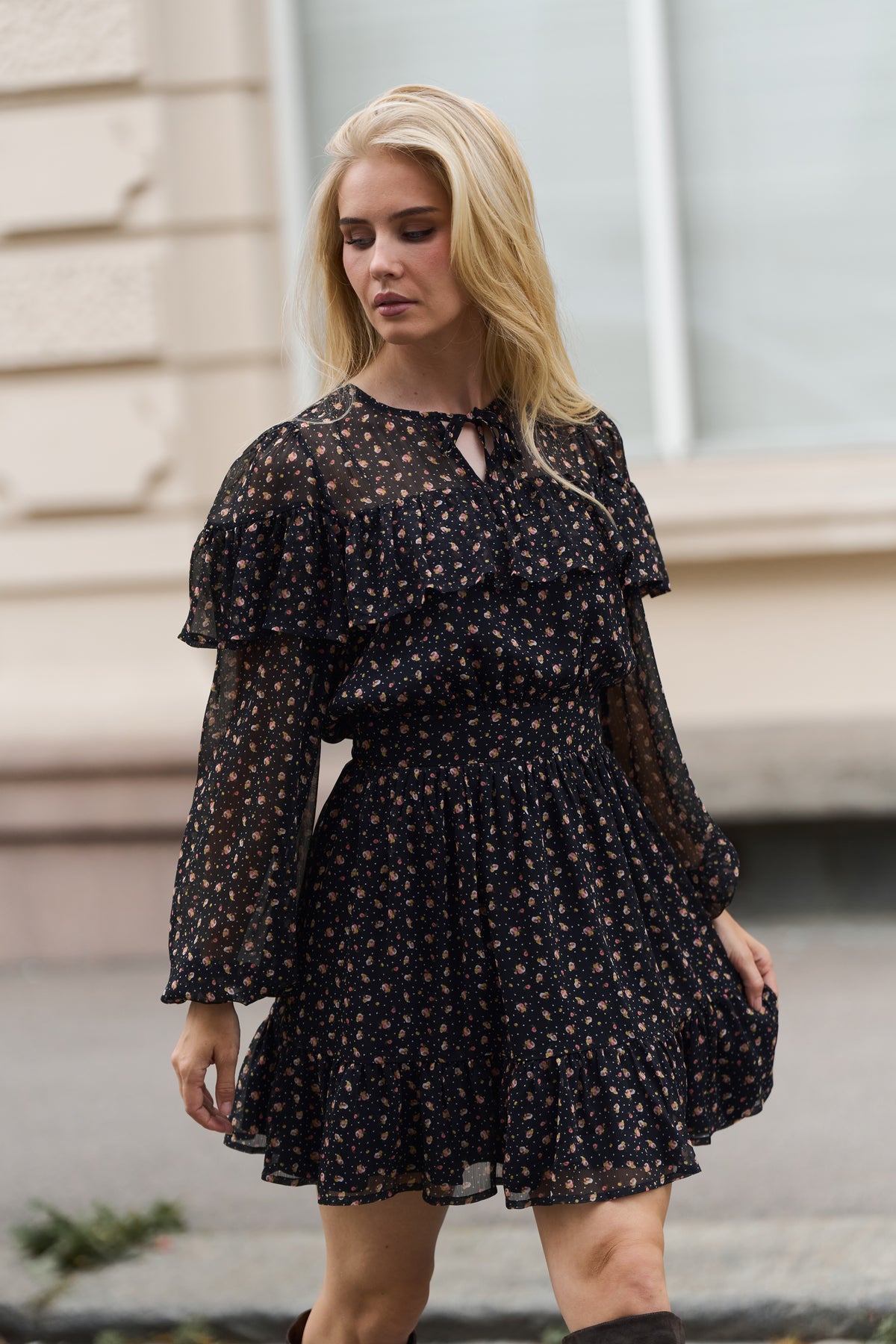 Eyra Chiffon Ruffle Mini Dress - Black Flower