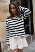 Emily Cotton Knit Cardigan - Creme/Navy